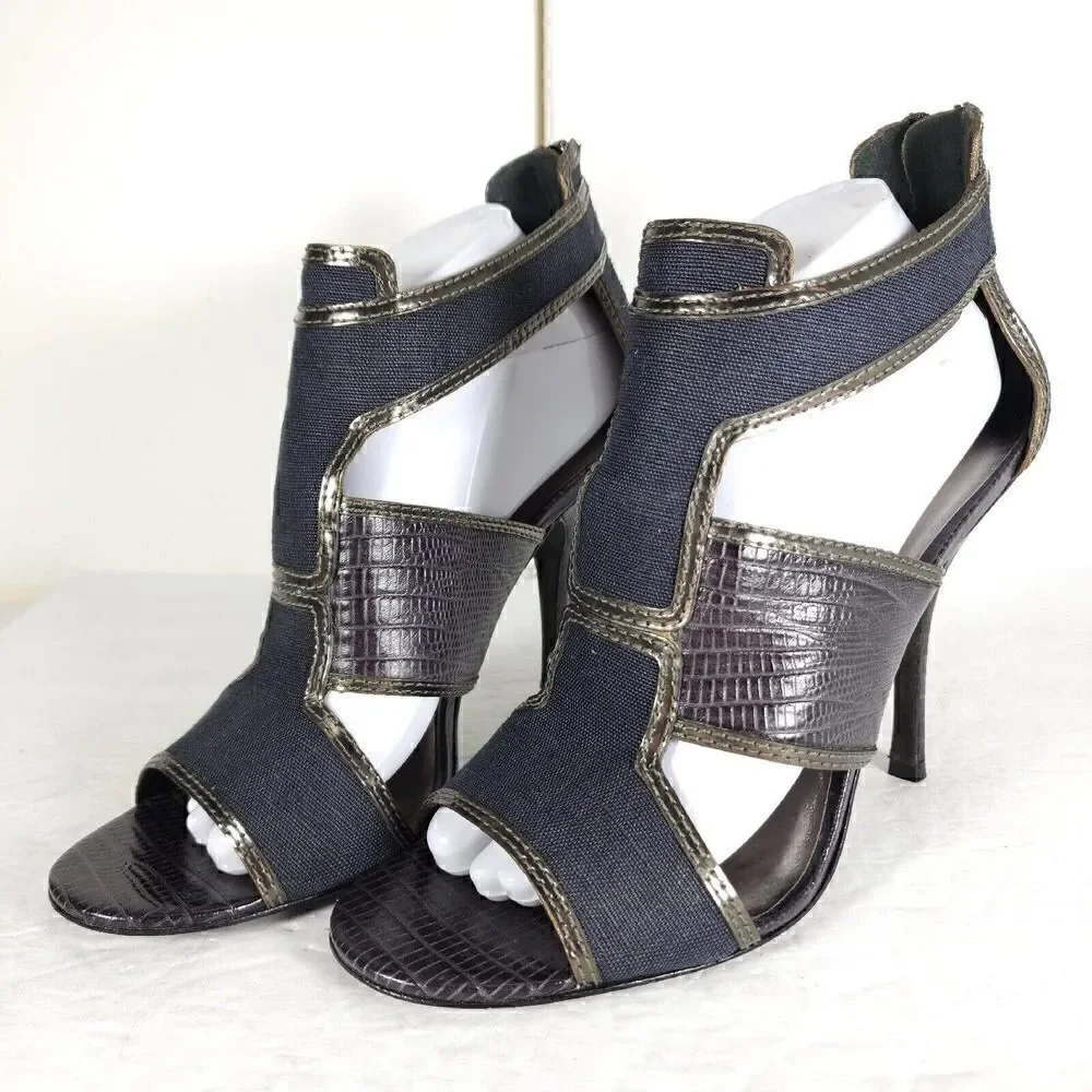 Tory Burch Women's US 10M Blue Canvas Leather Animal Print Cut-Out Heeled Sandal